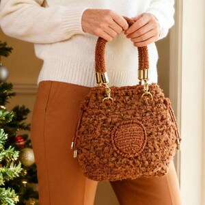 Crochet Boucle Drawstring Handbag with Bow Ties and Pocket - Handmade Winter Casual Outfit Accessory