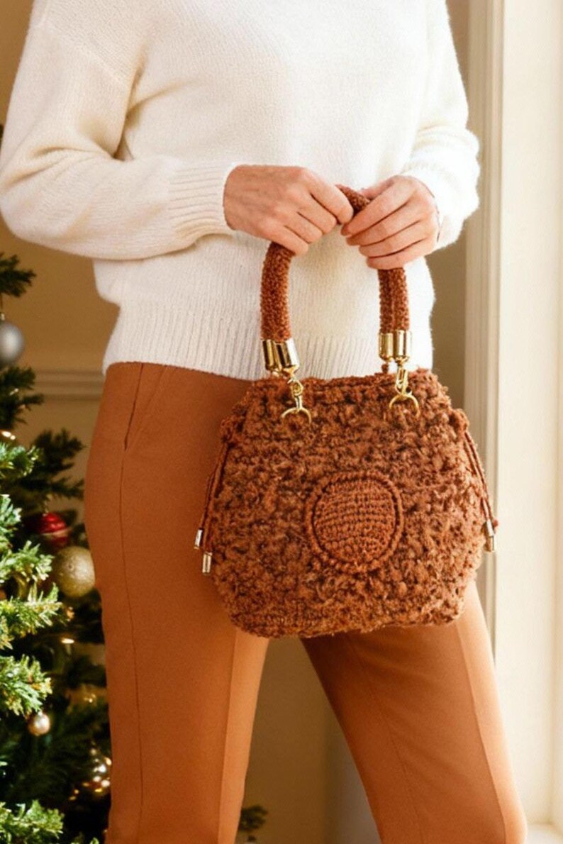 Crochet Boucle Drawstring Handbag with Bow Ties and Pocket - Handmade Winter Casual Outfit Accessory