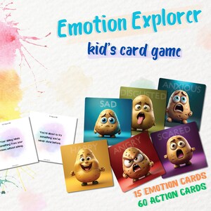 Pode incluir: Um fundo de aquarela colorido com um conjunto de cartas para um jogo de cartas para crianças chamado "Emotion Explorer". Os cartões apresentam batatas de desenho animado com diferentes expressões faciais que representam emoções como felicidade, tristeza, raiva, medo, ansiedade e nojo. O texto nos cartões diz "15 Emotion Cards" e "60 Action Cards".