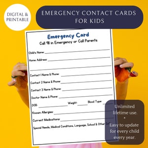 Emergency Contact and Medical Information Card for Kids  | Child Safety Instant Digital Download