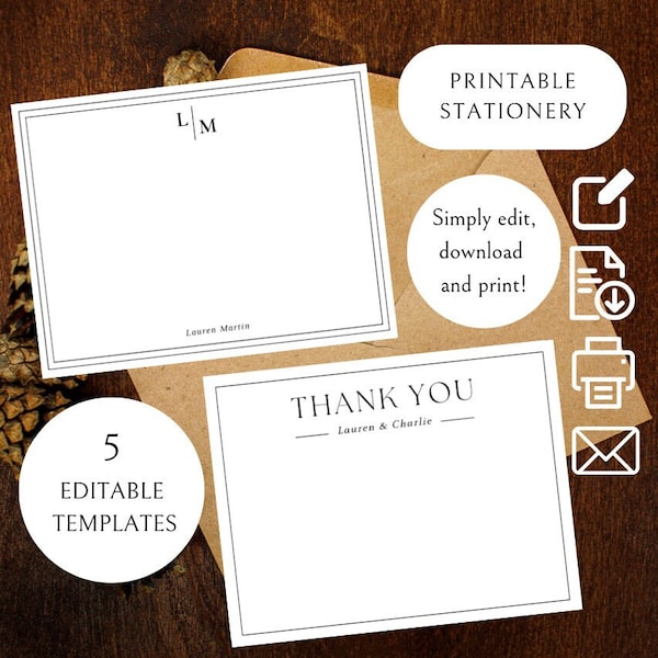 Printable Personalized Stationery Sets | Editable Monogrammed Cards | DIY Customizable Stationery Paper
