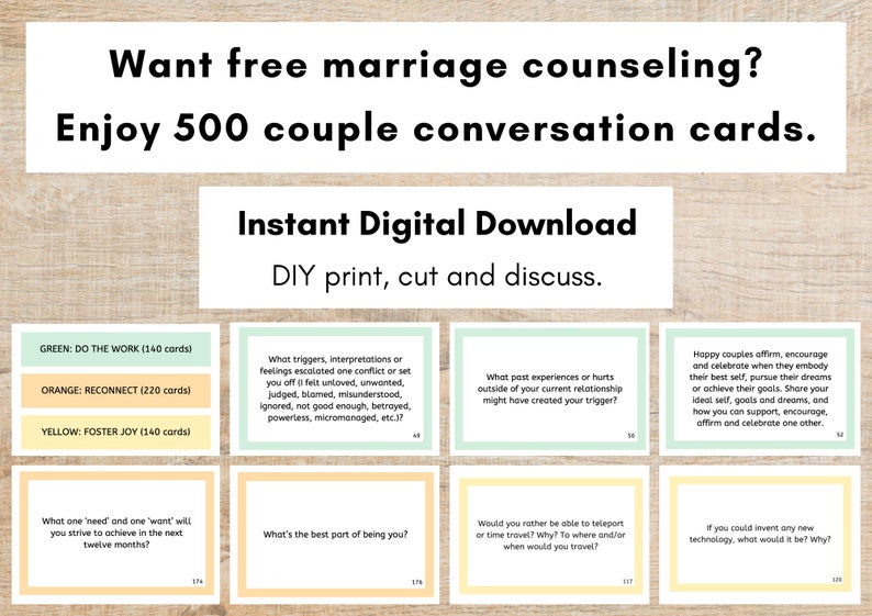 Couples Conversation Cards | 500 Therapy Questions (digital Download ...