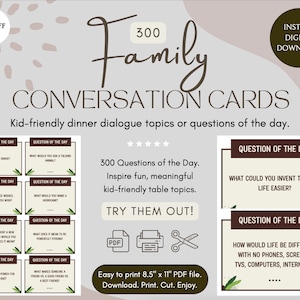 May include: A set of 300 conversation cards for families. The cards are printed on white paper with brown text and green accents. The cards feature questions of the day, such as "How are you brave?" and "What makes someone a friend vs. a good friend vs. a best friend?" The cards are designed to inspire fun, meaningful kid-friendly table topics. The cards are available as an instant digital download and can be printed on 8.5 x 11 inch paper.