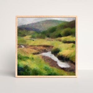 Landscape Art Print | Pasture Creek Painting | Farm Stream Rolling Hills Vista Peaceful Meditative Nature Impressionist Abstract Wall Decor