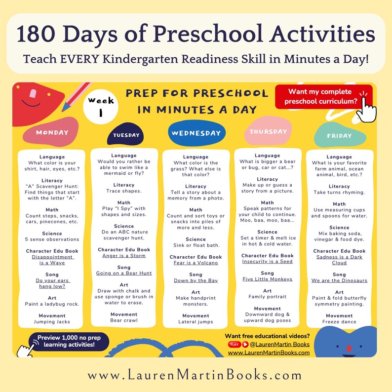 Puede incluir: Un gr&aacute;fico colorido con un horario semanal de actividades preescolares para 180 d&iacute;as. Cada d&iacute;a incluye actividades para el lenguaje, la alfabetizaci&oacute;n, las matem&aacute;ticas, la ciencia, la educaci&oacute;n del car&aacute;cter, la canci&oacute;n, el arte y el movimiento. El gr&aacute;fico se titula "180 d&iacute;as de actividades preescolares" y "&iexcl;Ense&ntilde;a TODA la habilidad de preparaci&oacute;n para el jard&iacute;n de infantes en minutos al d&iacute;a!"