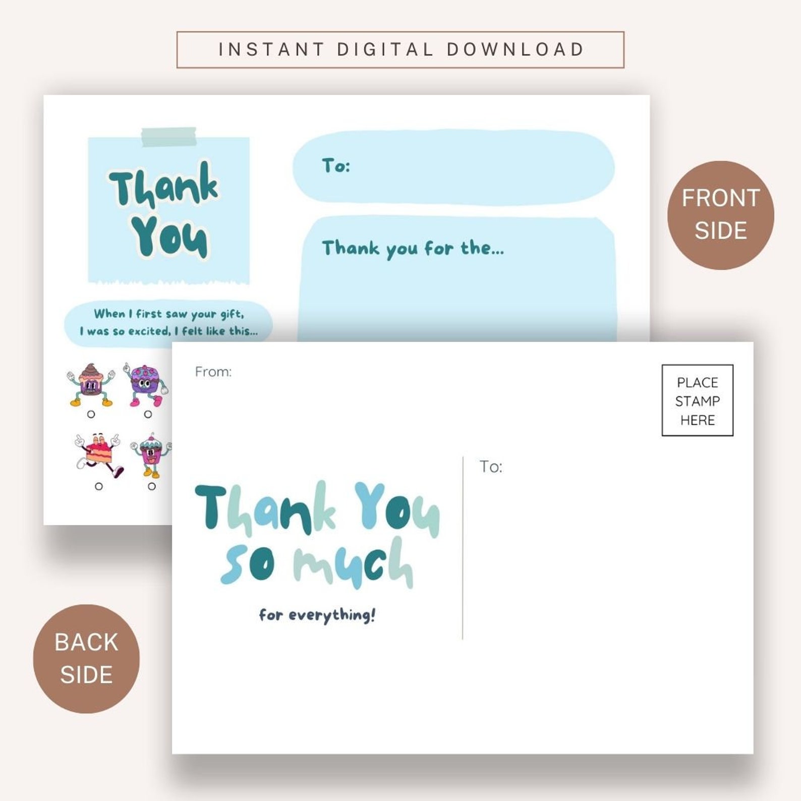 Kids Birthday Thank You Note Card, Printable Fill in the Blank Kids Stationery, Thank You Note ...