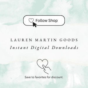 Puede incluir: Un gr&aacute;fico con un fondo de acuarela azul claro y el texto "LAUREN MARTIN GOODS Descargas digitales instant&aacute;neas" en negro. Un bot&oacute;n negro con un icono de coraz&oacute;n y el texto "Seguir la tienda" est&aacute; en la parte superior del gr&aacute;fico. Un icono de coraz&oacute;n negro con un dedo apuntando a &eacute;l est&aacute; en la parte inferior del gr&aacute;fico. El texto "Guardar en favoritos para obtener un descuento." est&aacute; debajo del icono del coraz&oacute;n.