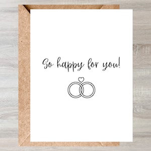 Tan feliz por ti anillos de boda entrelazados tarjeta de bricolaje imprimible para compromiso, aniversario, boda, recién casados, novia, novio, en blanco por dentro