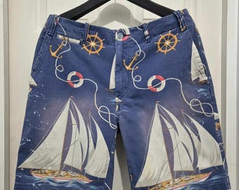 Vintage 80s 90s Ralph Lauren Yacht Rock All Nautical Over Print Summer Festival Travel Chino Shorts