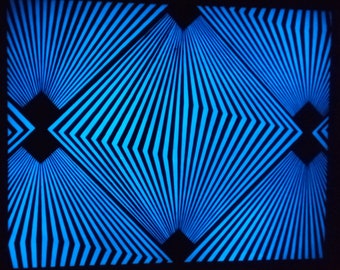 Painting "Straight lines" glows in the dark in blue, beautiful  and intricate geometric optical illusion, phosphorescent painting on canvas