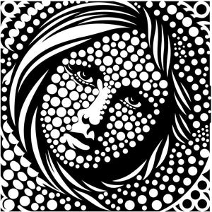May include: Black and white illustration of a woman's face with a dotted pattern. The woman has long hair and is looking to the side.