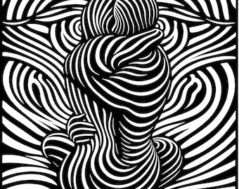 The Hug – Op Art Linocut Illustration | Abstract Black and White Digital Art (pdf, eps, svg, png).