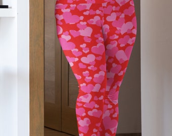 Heart shaped cactus pattern leggings Custom design printed floral hearts gift Berry colored heart pattern Cute women\u2019s yoga pants