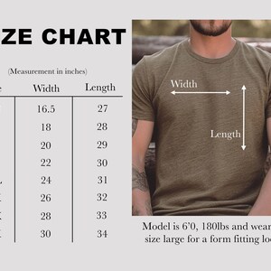 May include: Size chart for a t-shirt with measurements in inches for width and length. The chart shows sizes XS through 4X. A model is wearing a size large t-shirt.