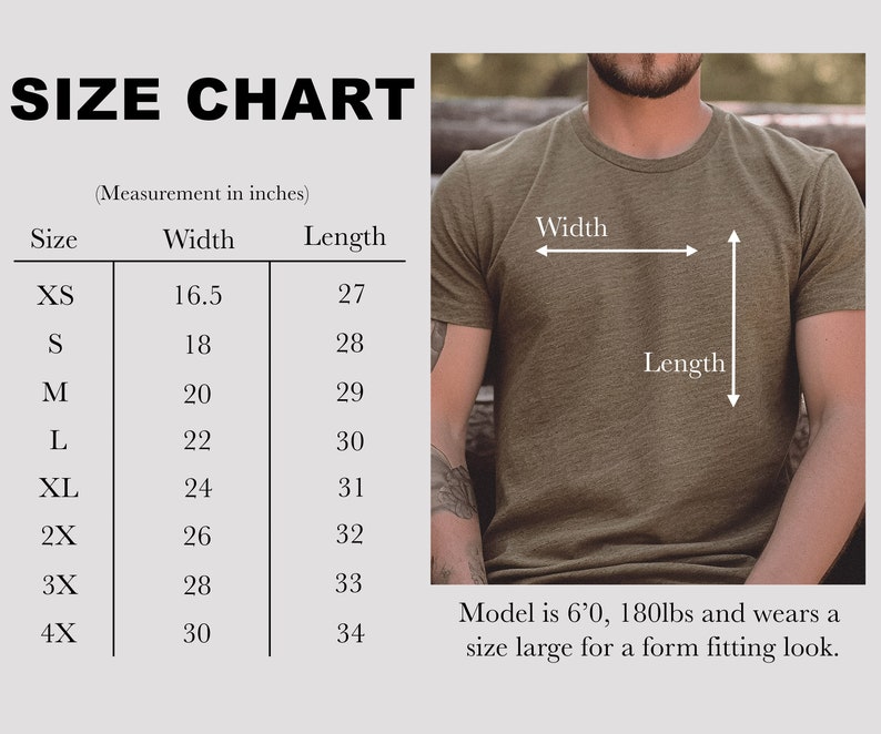 May include: Size chart for a t-shirt with measurements in inches for width and length. The chart shows sizes XS through 4X. A model is wearing a size large t-shirt.