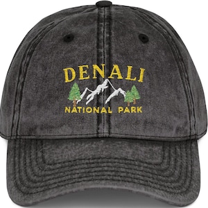 May include: A dark gray baseball cap with the word "DENALI" embroidered in yellow above a mountain and tree design. The text "NATIONAL PARK" is below the design. The cap has a curved brim and a button on top.