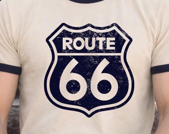 Camiseta con ribete de la Ruta 66, camiseta con estampado de señal de carretera vintage