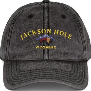 May include: A charcoal gray baseball cap with the text "JACKSON HOLE WYOMING" embroidered in yellow. The cap features an embroidered design of a mountain range and a bison. The cap has a curved brim and an adjustable strap.