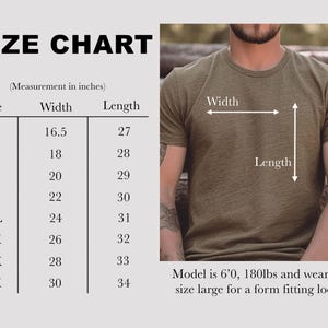 K&ouml;nnte beinhalten: Gr&ouml;&szlig;entabelle f&uuml;r T-Shirts mit Ma&szlig;en in Zoll, einschlie&szlig;lich Breite und L&auml;nge f&uuml;r die Gr&ouml;&szlig;en XS bis 4XL. Das Model ist 1,83 m gro&szlig;, wiegt 81,6 kg und tr&auml;gt Gr&ouml;&szlig;e L. Die Tabelle befindet sich neben einer Person, die ein gr&uuml;nes T-Shirt tr&auml;gt.