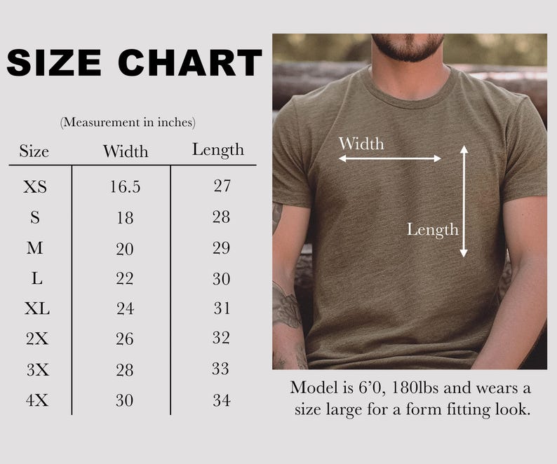K&ouml;nnte beinhalten: Gr&ouml;&szlig;entabelle f&uuml;r T-Shirts mit Ma&szlig;en in Zoll, einschlie&szlig;lich Breite und L&auml;nge f&uuml;r die Gr&ouml;&szlig;en XS bis 4XL. Das Model ist 1,83 m gro&szlig;, wiegt 81,6 kg und tr&auml;gt Gr&ouml;&szlig;e L. Die Tabelle befindet sich neben einer Person, die ein gr&uuml;nes T-Shirt tr&auml;gt.
