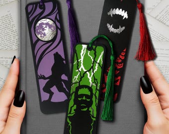 Classic Horror Bookmarks | Handmade Gift Set for Gothic Book Lover | Silver Foiled and Tassel | Alternative Penny Dreadful Bookworm Birthday