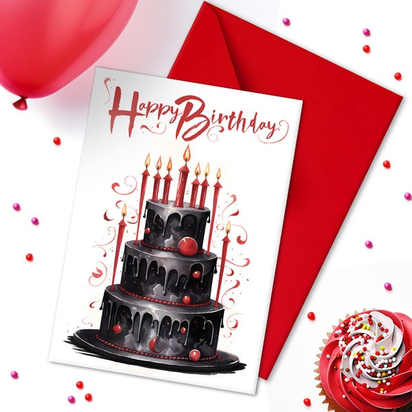 Red Cake Birthday Card | Large Gothic Happy Birthday | Spooky Black Icing Party Greeting | Any Age Celebration Gift Goth Emo Alt Metalhead