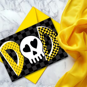 Emo Skull Vatertagskarte - Alternatives Geburtstagsgeschenk für Papa, Szene Punkästhetik, Totenkopf & Schachbrett Design, Skater Boi Vibes, Gelb,