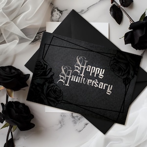 Tarjeta de aniversario con diseño de rosa negra laminada / Tarjeta de felicitación gótica victoriana laminada plateada / Regalo alternativo para fanáticos del terror gótico, emo y de fantasía oscura clásica