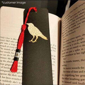 Handmade bookmark inspired by Edgar Allan Poe's poem The Raven. A raven shape cut from on each side of black card reveals a yellowed and aged section of text from the iconic horror classic, and is finished off with a silky red tassel.