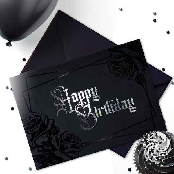 Black Rose Foiled Birthday Card | Silver Foil Victorian Gothic Greeting | Alternative Gift for Goth, Emo, Classic Dark Fantasy and Horror