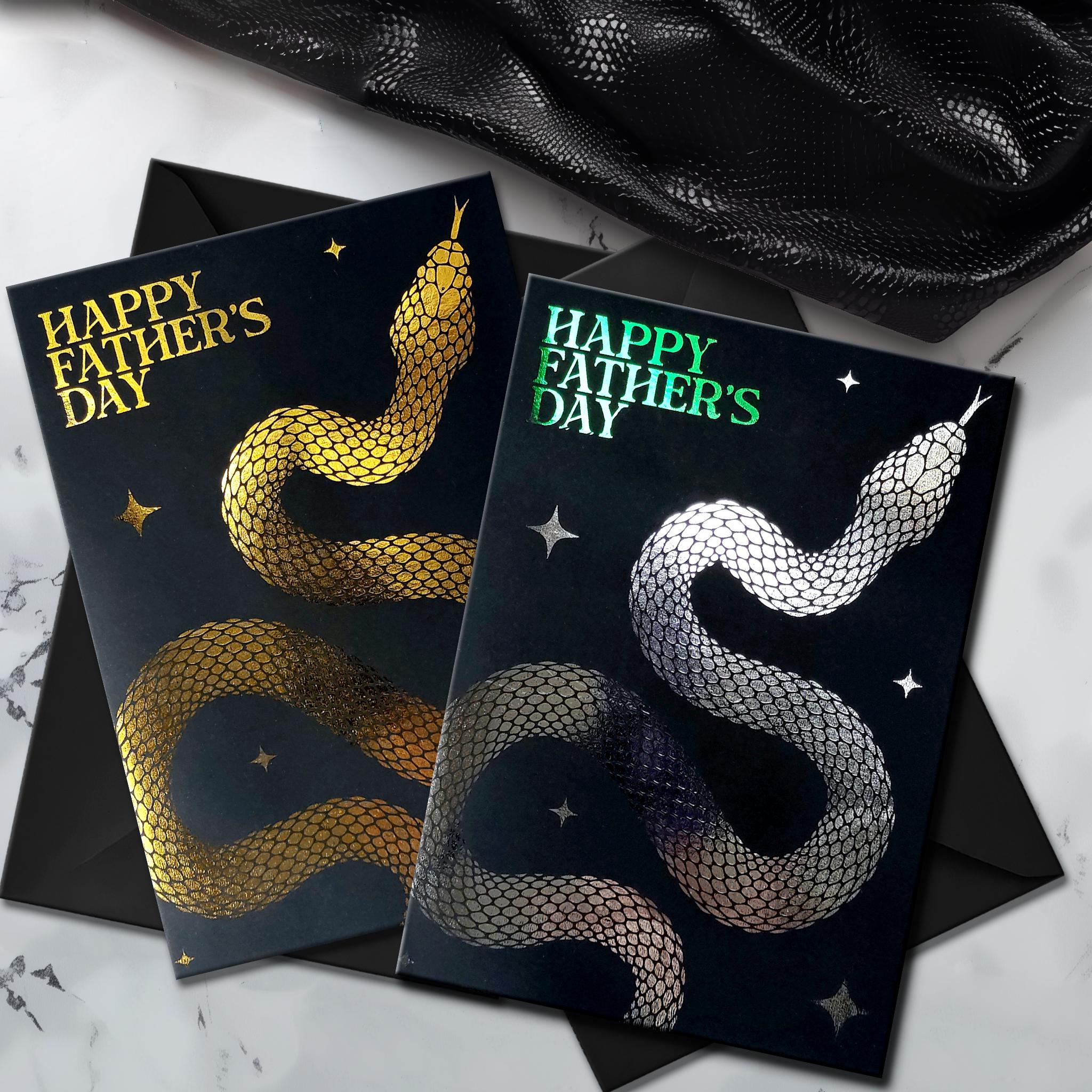 Snake Foil Father's Day Card | Large Gold and Green Greeting | Gothic Alternative Dad Gift | Metallic Black Handmade Foiled