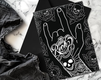 My Dad Rocks Card | Large Fathers Day Birthday Greeting | Alternative Skull Hand Tattoo | Black Roses Inked Gift for Goth Emo Artist Rocker