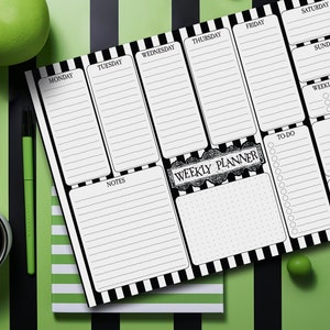 Striped Weekly Planner | A4 Organiser Desk Pad | 55 Page Schedule Year | Undated Work Home Office Diary | Beetlejuice Alternative Stationery