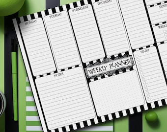 Striped Weekly Planner | A4 Organiser Desk Pad | 55 Page Schedule Year | Undated Work Home Office Diary | Beetlejuice Alternative Stationery
