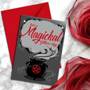 Tarjeta mágica para el Día del Padre / Gran saludo gótico para papás mágicos / Regalo de bruja espeluznante / Padre que lanza hechizos / Diseño de caldero rojo de Wicca