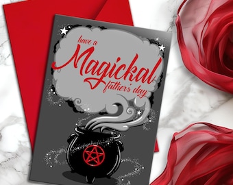 Magische Vaderdagkaart | Grote gotische groet voor magische vaders | Griezelig heksachtig cadeau | Ouder van spreukencasting | Ontwerp rode wiccaketel