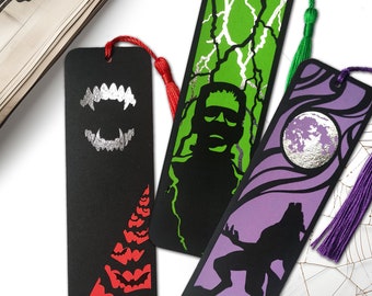 Classic Horror Bookmarks | Handmade Gift Set for Gothic Book Lover | Silver Foiled and Tassel | Alternative Penny Dreadful Bookworm Birthday