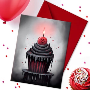 Deadly Treats Cupcake Card | A5 Alternative Spooky Birthday Greeting | Dark Cherry Bomb | Everyday Gift Goth Emo Witch Alt Metalhead