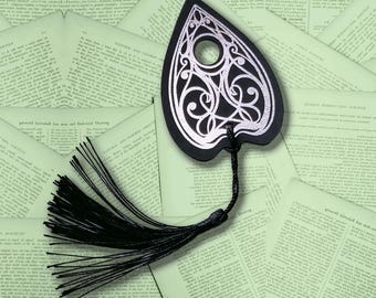 Planchette Foil Bookmark | Handmade Silver Ouija Black Tassel | Birthday All Occasion Gift for, Bookworm, Book Lover, Goth, Witch, Horror