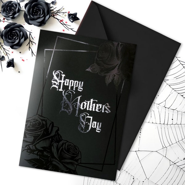 Black Rose Mother's Day Card | Silver Foil Victorian Gothic Greeting | Alternative Gift for Goth, Emo, Classic Dark Fantasy and Horror