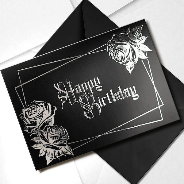 Black Rose Foiled Birthday Card | Silver Foil Victorian Gothic Greeting | Alternative Gift for Goth, Emo, Classic Dark Fantasy Horror Fan