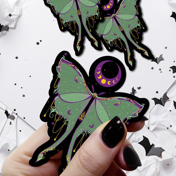 Luna Moth Sticker | 8cm/3" Waterproof Decal for Water Bottle, Binder, Laptop | Witchy Matte Vinyl Stickers for Halloween Goth Emo