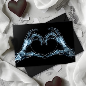 X-Ray Heart Hands Love Card / Emo Romance Greeting / Gothic Skeleton Lovers Gift / Medical Macabre Valentine / Matrimonio, Anniversario, Coppia
