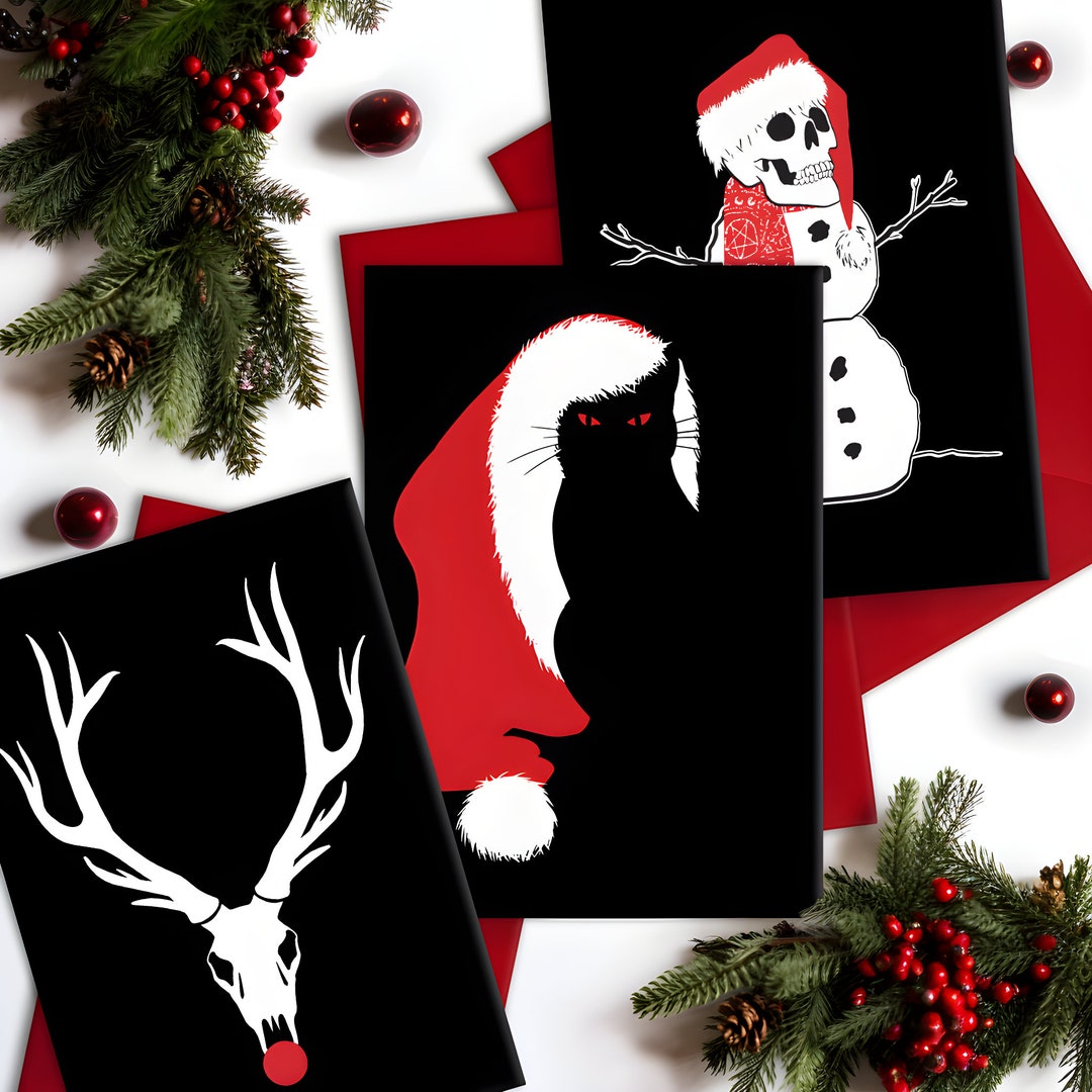 3 Spooky Christmas Cards Black Skull Snowman Reindeer Cat Etsy
