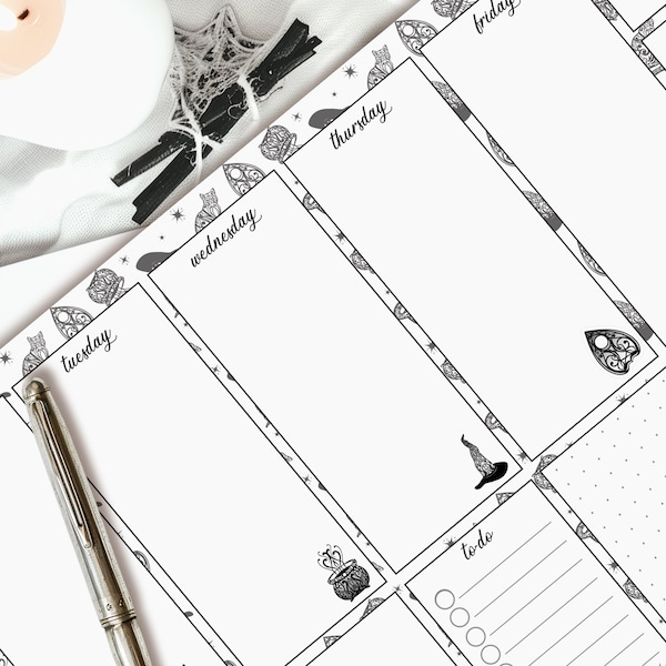 Magical Weekly Planner | A4 Organiser Desk Pad | 55 Page Schedule Year | Undated Work Home Office Diary | Goth Witchy Alternative Stationery