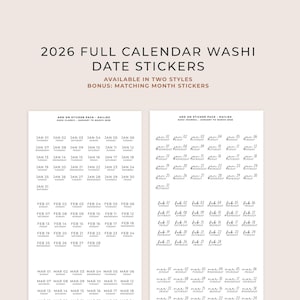Puede incluir: Una hoja de pegatinas de fecha washi de calendario completo de 2026 en dos estilos, con pegatinas de mes a juego. Las pegatinas son en texto negro sobre fondo blanco, con fechas para cada día del año.