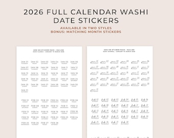 2026 Date Stickers | Fits KAKU Book Daily Pages | Washi Date Stickers | Minimalist Monthly Daily Dates for Planners and Journals