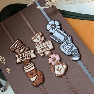 Koffiethee geborduurde plannerband voor planners en tijdschriften | Elastische boekenband | Boekenstok | Café-thema