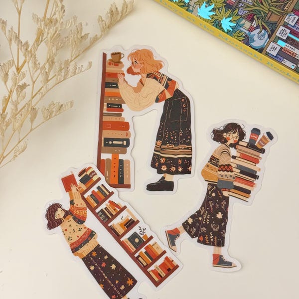 Pegatinas troqueladas de vinilo con diseño de libro y niña, impermeables, transparentes y mate, para estanterías, Booktok y Bookstagram.