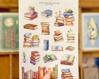 Book Reader Stickers | Library Stack Sticker Sheet | Watercolor Style | N90 Washi Paper Transparent | Minimalist Deco for Journals | UK